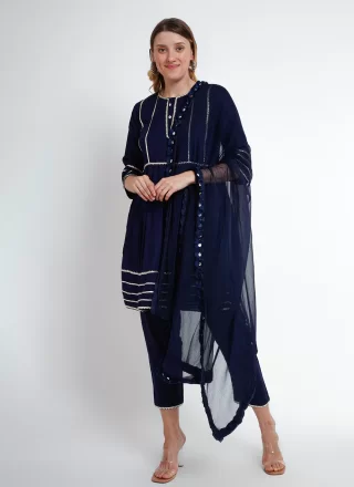 Lace Work Rayon Pant Style Suit In Blue for Casual