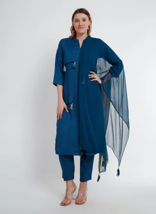 Lace Work Rayon Pant Style Suit In Teal