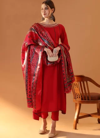 Lace Work Rayon Salwar Suit In Red