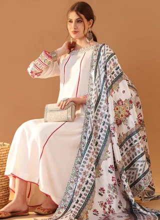 Lace Work Rayon Salwar Suit In White for Ceremonial