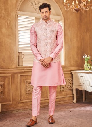 Lavender and Multi Colour Brocade Kurta Payjama with Jacket with Jacquard Work for Ceremonial