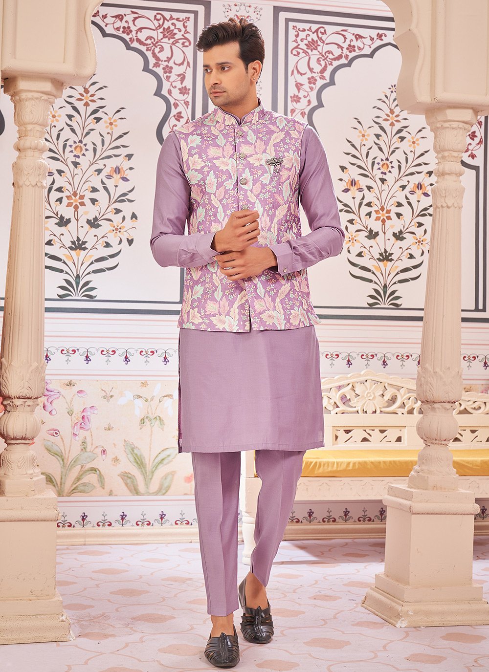 Lavender and Multi Colour Print Work Art Silk Kurta Payjama with