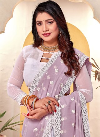 Lavender and White Embroidered and Resham Work Georgette Contemporary Sari