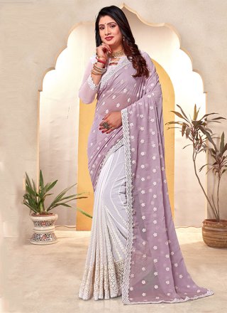 Lavender and White Embroidered and Resham Work Georgette Contemporary Sari
