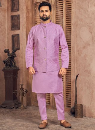 Lavender Banglori Silk Embroidered and Sequins Work Kurta Payjama with Jacket for Men