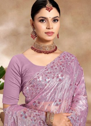 Lavender Burburry Embroidered, Resham and Sequins Work Designer Sari