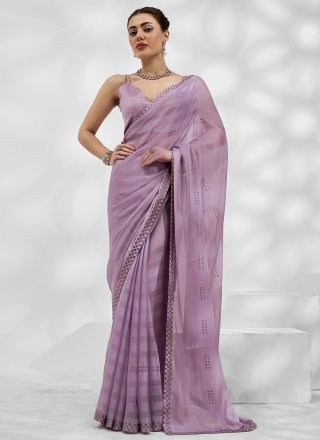 Lavender color Georgette sarees with plain with moti lace border design  -GEOS0017110