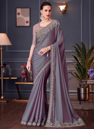Lavender Chiffon Traditional Saree with Embroidered and Sequins Work for Ceremonial