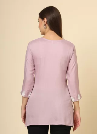 Lavender Chikankari, Embroidered and Thread Work Rayon Casual Kurti