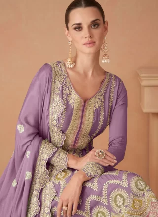 Lavender Chinon Salwar Suit with Embroidered Work