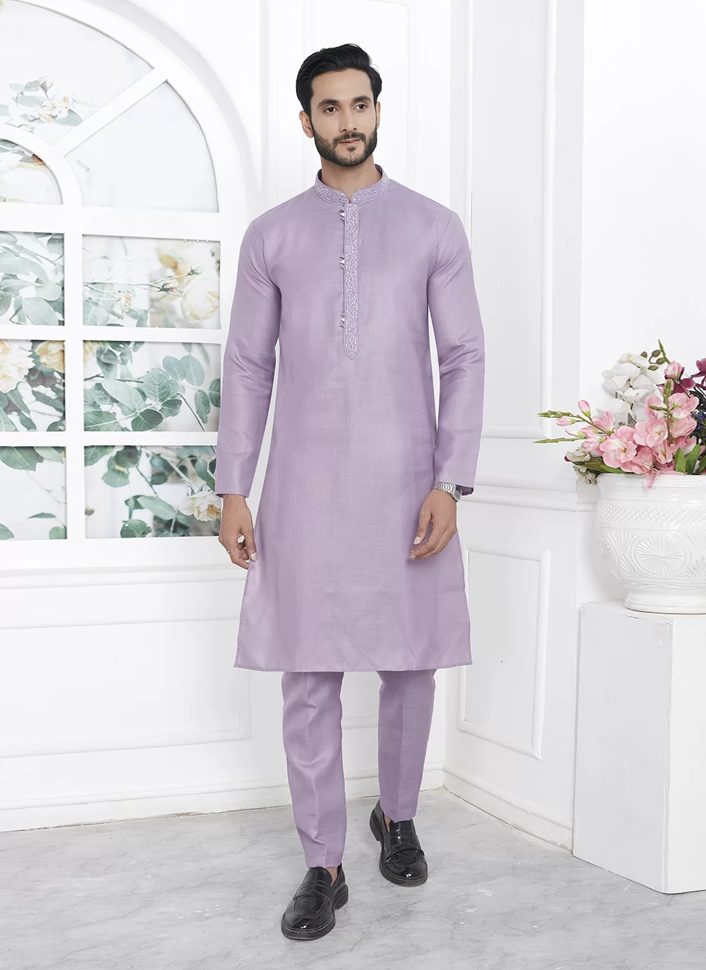 Lavender Kurta Pajama With Nehru Jacket For Wedding Lavender Kurta