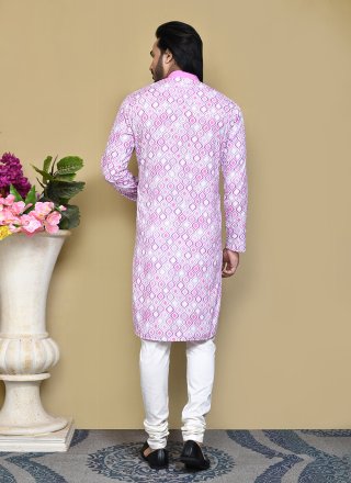 Lavender Cotton Print Work Kurta Pyjama