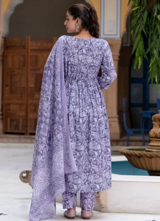 Lavender Cotton Print Work Salwar Suit for Ceremonial