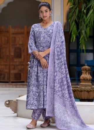 Lavender Cotton Print Work Salwar Suit for Ceremonial