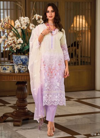 Lavender Embroidered and Sequins Work Organza Trendy Suit