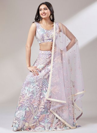 Lavender Embroidered, Sequins and Thread Work Net Lehenga Choli