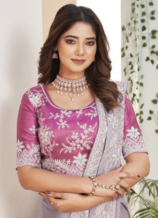 Lavender Fancy Fabric Classic Sari with Embroidered and Sequins Work for Engagement