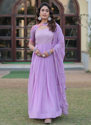 Lavender Faux Georgette Embroidered, Floral Patch and Sequins Work Designer Gown for Ceremonial