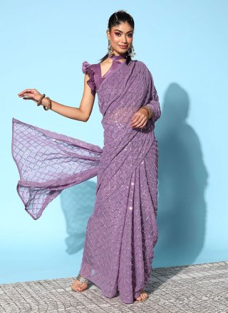 Languid Lavender Georgette Saree With Lucknowi Embroidery | Singhania's