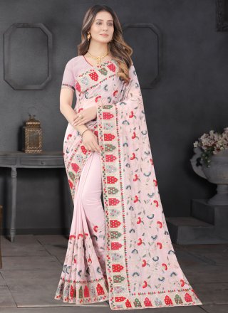 Lavender Georgette Embroidered, Mirror, Sequins and Zari Work Trendy Saree for Ceremonial