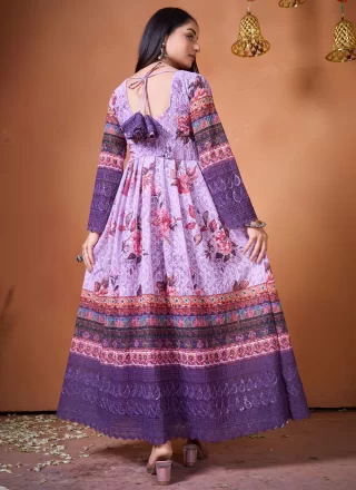 Lavender Georgette Gown with Digital Print, Embroidered and Fancy Work