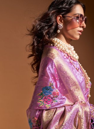 Lavender Handloom Silk Weaving Work Trendy Saree for Ceremonial