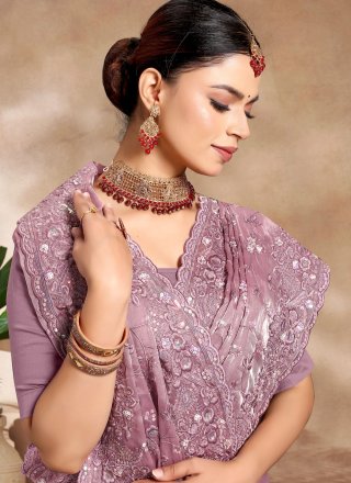 Lavender JIMMY CHU Traditional Saree with Embroidered, Resham and Sequins Work for Women