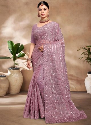 Lavender JIMMY CHU Traditional Saree with Embroidered, Resham and Sequins Work for Women
