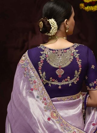 Lavender Kanjivaram Silk Embroidered, Sequins, Thread, Weaving and Zari Work Designer Saree for Ceremonial