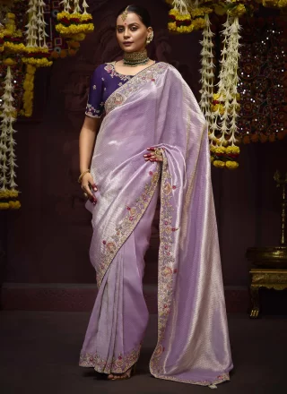 Lavender Kanjivaram Silk Embroidered, Sequins, Thread, Weaving and Zari Work Designer Saree for Ceremonial