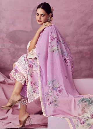 Lavender Muslin Embroidered and Print Work Salwar Suit for Women