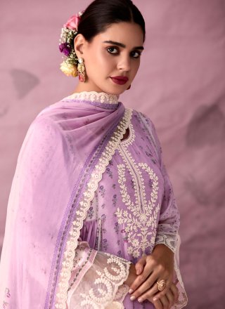 Lavender Muslin Embroidered and Print Work Salwar Suit for Women