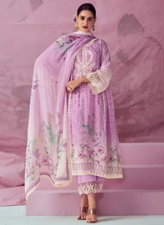 Lavender Muslin Embroidered and Print Work Salwar Suit for Women