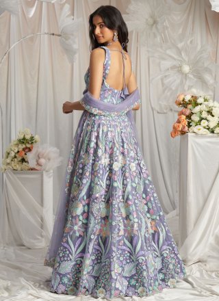 Lavender Net Embroidered, Sequins and Thread Work Lehenga Choli for Engagement