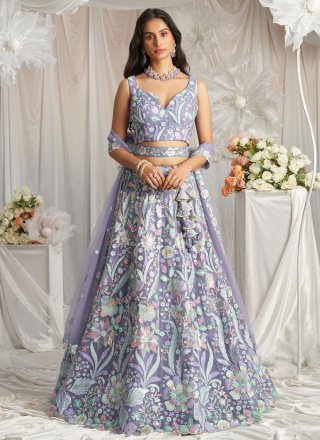 Lavender Net Embroidered, Sequins and Thread Work Lehenga Choli for Engagement