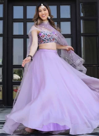 Lavender Net Lehenga Choli In Plain for Ceremonial