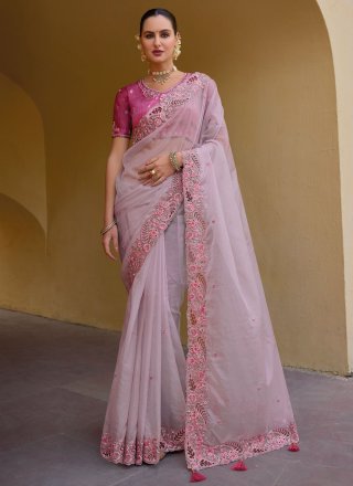 Lavender Organza Contemporary Saree with Cut, Embroidered and Sequins Work for Ceremonial