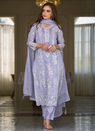 Lavender Organza Embroidered Work Readymade Salwar Suit for Engagement