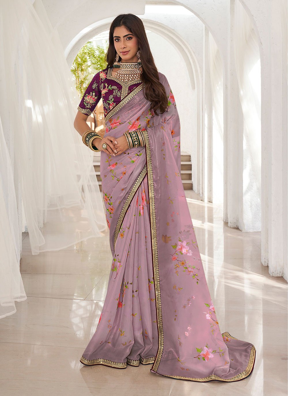 Lavender Pure Chiffon Saree and Lavender Pure Chiffon Sari Online