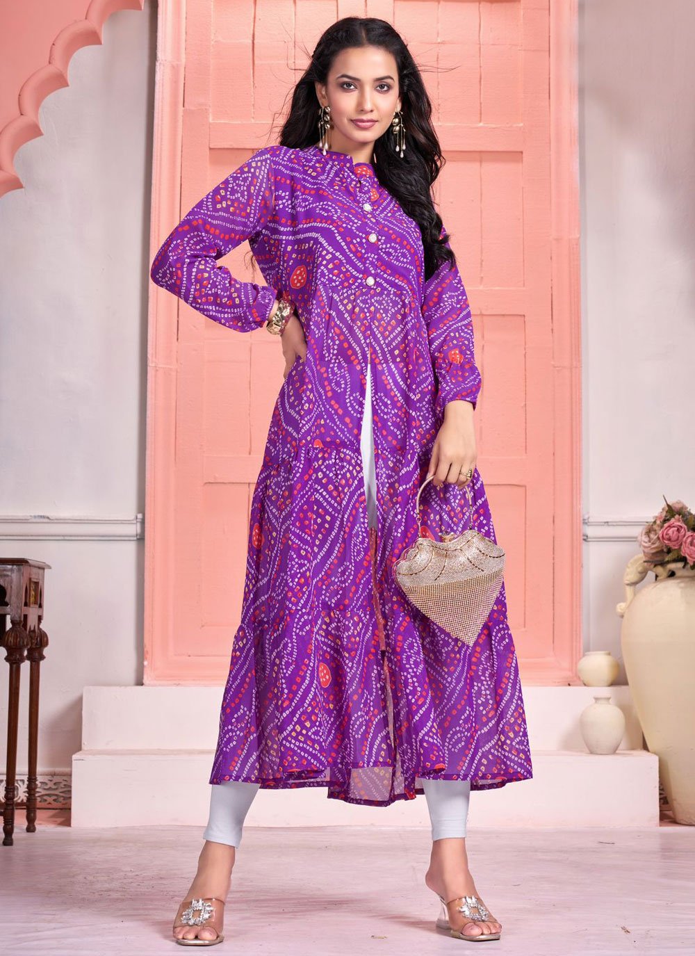 Buy Online Lavender Pure Georgette Buttons and Print Work Party Wear Kurti for Casual 295666