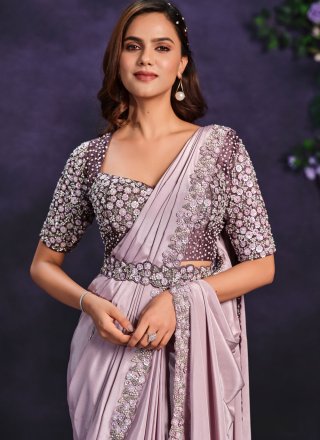 Lavender Pure Georgette Moti, Sequins and Thread Work Trendy Saree