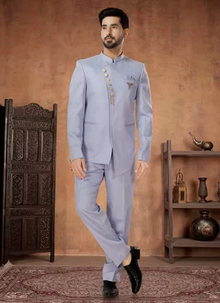 Lavender Rayon Buttons Work Jodhpuri Suit
