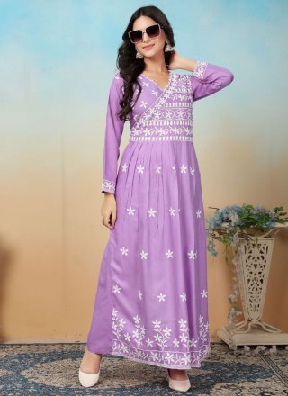 Lavender Rayon  Designer Gown with Chikankari and Embroidered Work for Casual