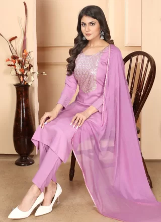 Lavender Rayon Readymade Salwar Suit with Embroidered and Sequins Work for Casual