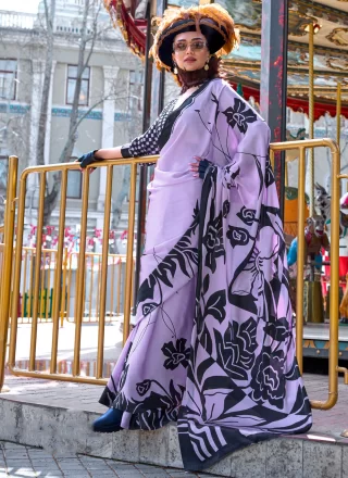 Lavender Satin Classic Saree with Print Work for Casual