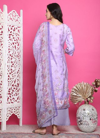 Lavender Satin Digital Print Work Salwar Suit for Ceremonial