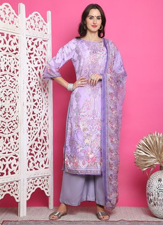 Lavender Satin Digital Print Work Salwar Suit for Ceremonial