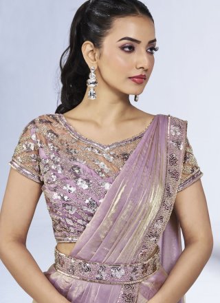 Lavender Satin Silk Cord, Hand, Khatli and Sequins Work Contemporary Saree for Ceremonial