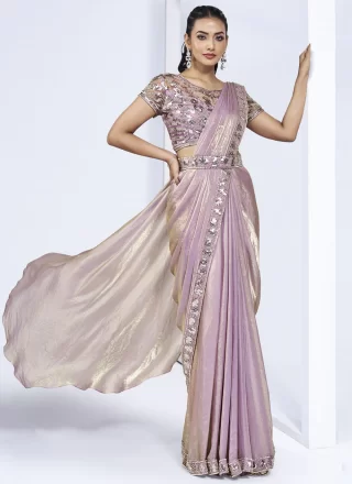 Lavender Satin Silk Cord, Hand, Khatli and Sequins Work Contemporary Saree for Ceremonial