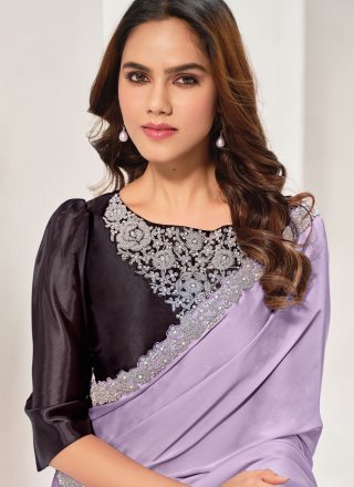 Lavender Satin Silk Embroidered and Moti Work Designer Saree